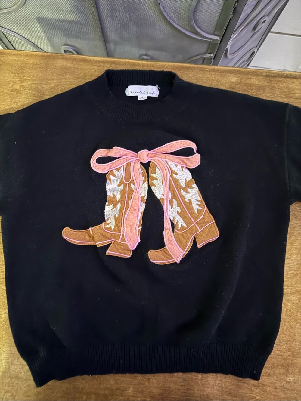 Black Women's Sweater with Pink & Brown Boot Appliqué -